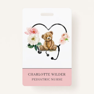 Badge Infirmière pédiatrique Teddy Ours Floral Stethosco
