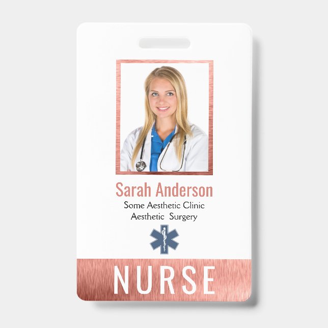 Badge Infirmière Photo Logo Code-barres Rose Doré Rose C (Avant)