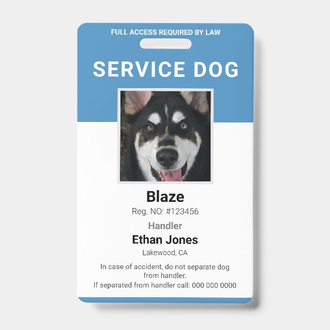 Badge Insigne bleu photo de chien de service (Avant)