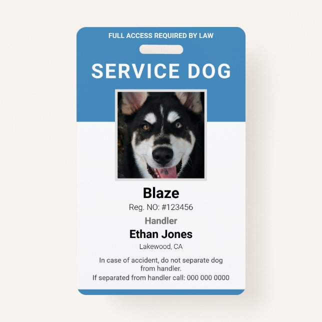 Badge Insigne bleu photo de chien de service (Devant)