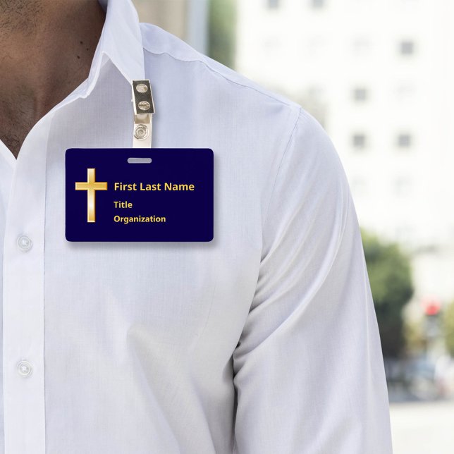 Badge Insigne de nom avec Croix d'or chrétienne (Modern name badge with gold cross. Perfect for events & meetings. Customize text & attachment style.)
