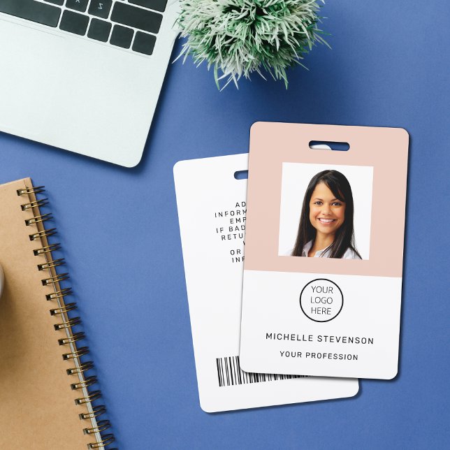 Badge Insigne de nom rose pâle du logo photo de l'employ (Créateur téléchargé)