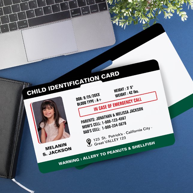 Badge Insigne d'identification photo d'urgence pour enfa (Custom Child Emergency Photo ID Badge for Kids - BLACK AND GREEN -)