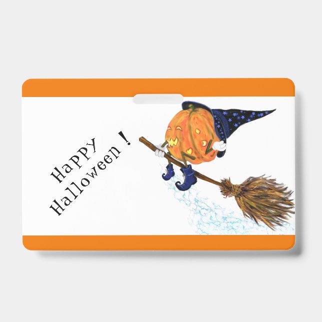 Badge Insigne Halloween Sorcière Citrouille Balai Volant (Avant)