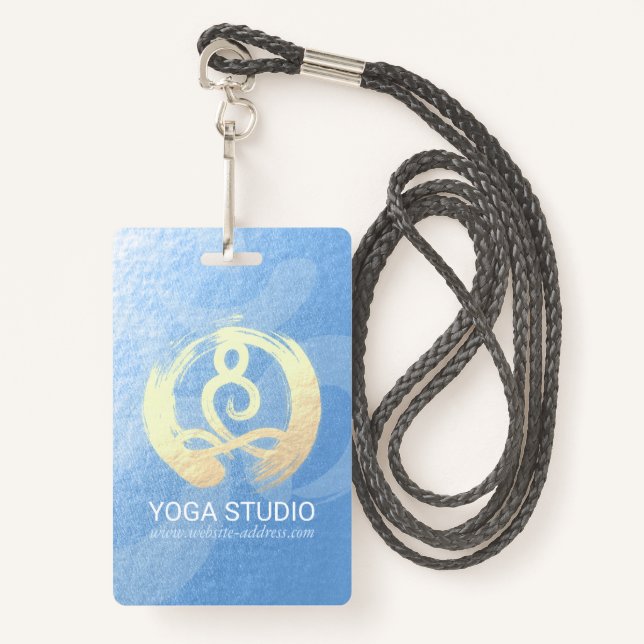 Badge Instructeur de Yoga Méditation Bleu & Or Pose ZEN  (Devant avec lanière)