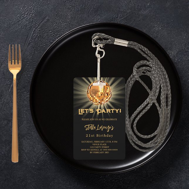 Badge Invitation anniversaire disco party black gold (Créateur téléchargé)