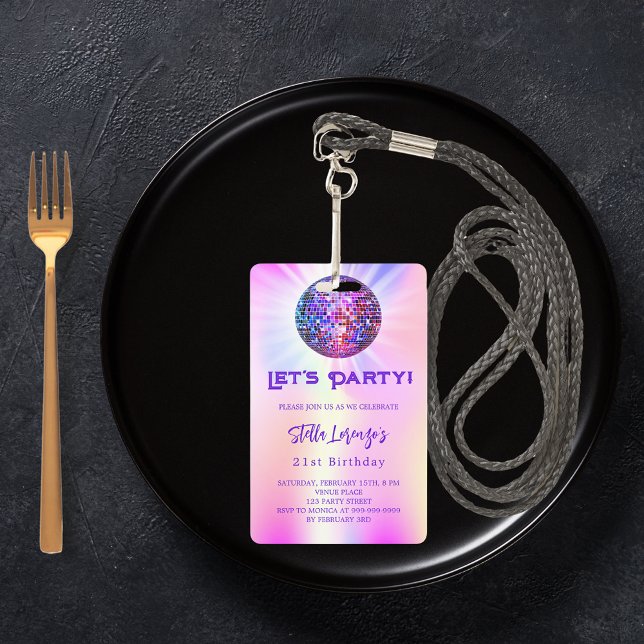 Badge Invitation d'anniversaire Disco party rose hologra (Créateur téléchargé)