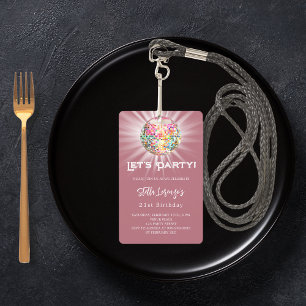 Badge Invitation d'anniversaire d'or rose de fête Disco