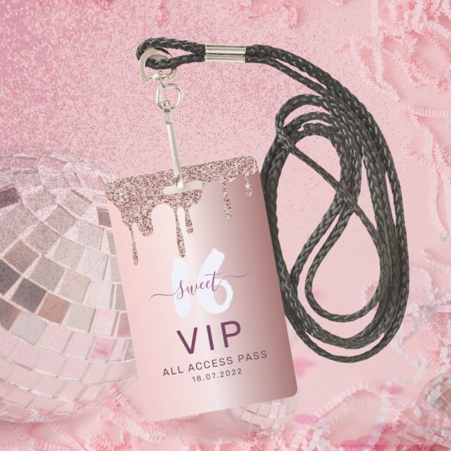 Badge Invitation d'anniversaire Rose Gold Pailleté 16 an (Créateur téléchargé)