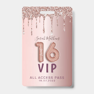 Badge Invitation d'anniversaire Sweet 16 Rose Gold Glitt