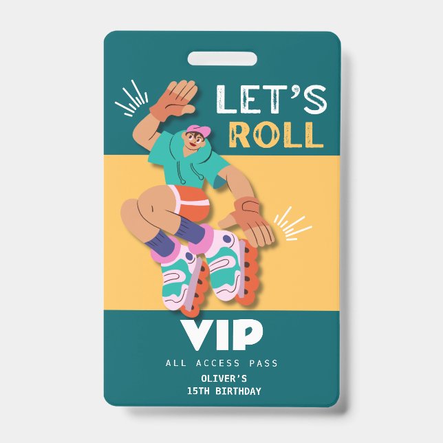 Badge invitation d'anniversaire VIP garçon patin à roule (Avant)