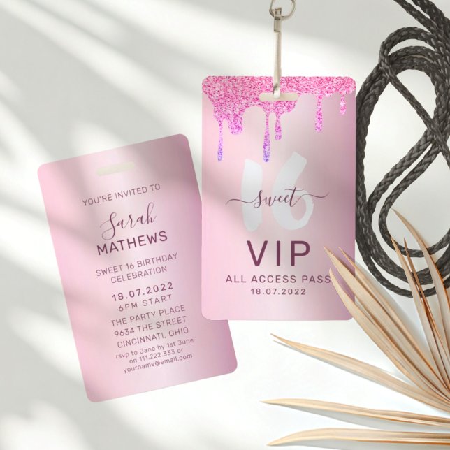 Badge Invitation d'anniversaire VIP rose pailleté pour l (Créateur téléchargé)