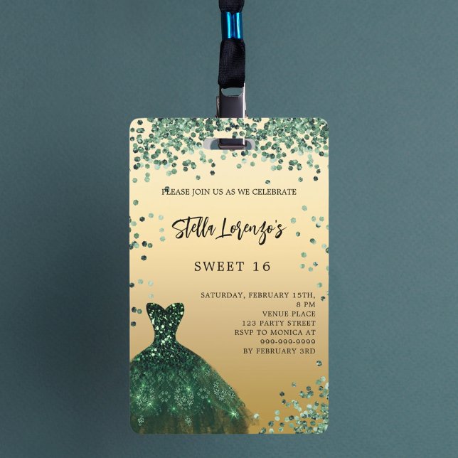 Badge Invitation de robe verte émeraude dorée pour Sweet (Créateur téléchargé)