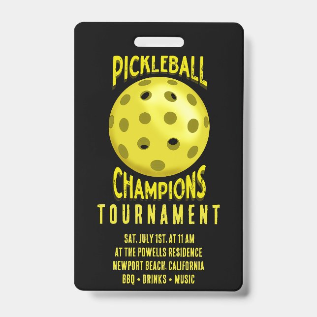 Badge Invitation du tournoi de Pickleball Jaune Noir (Avant)