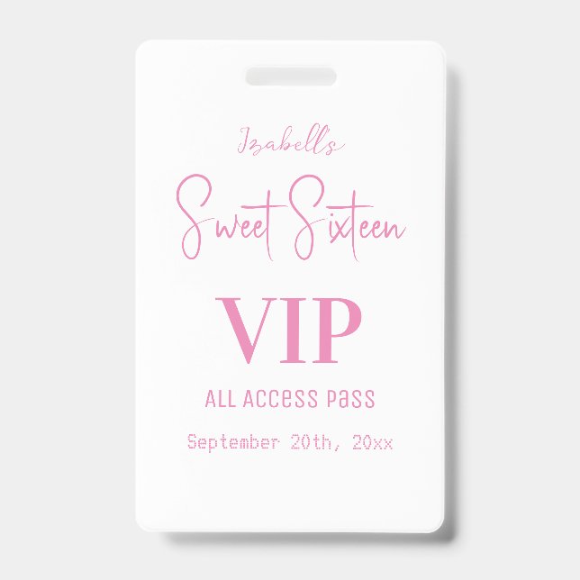 Badge Invitation élégante blanche script Sweet Sixteen V (Avant)