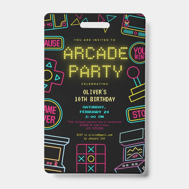 Badge Invitation jeux vidéo arcade pour n'importe quelle (Avant)