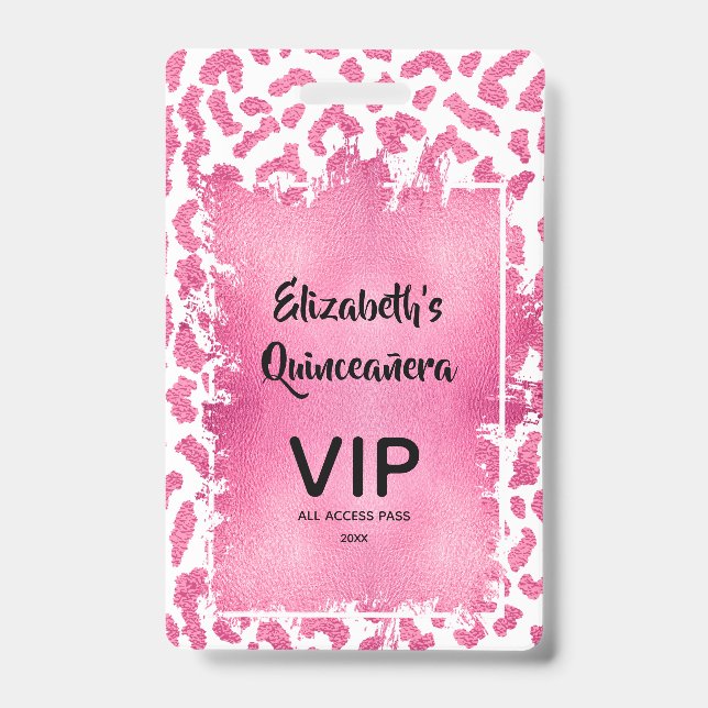 Badge Invitation Quinceañera VIP Pass Léopard Rose Blanc (Avant)