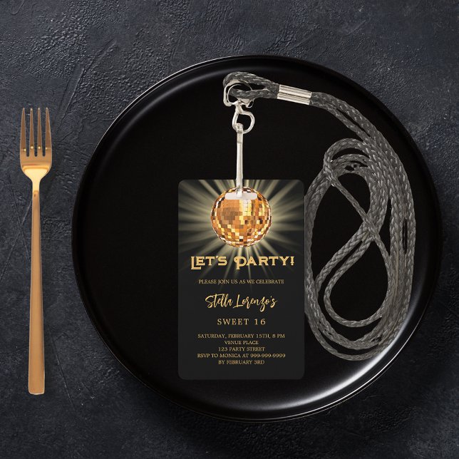 Badge Invitation Sweet 16 soirée disco or noir doré (Créateur téléchargé)