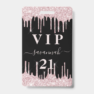 Badge Invitation VIP anniversaire noir rose paillettes q