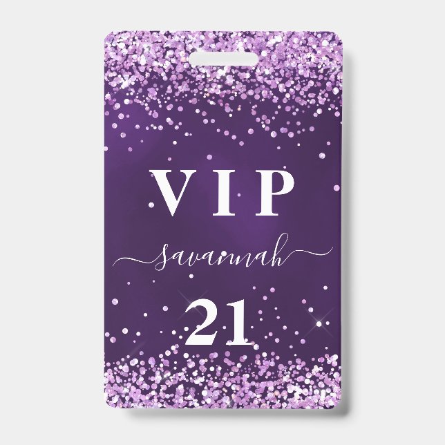 Badge Invitation VIP d'anniversaire violet rose (Avant)