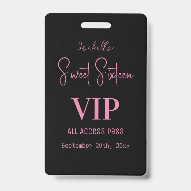 Badge Invitation VIP élégante rose pour un Sweet Sixteen (Avant)