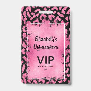 Badge Invitation VIP Quinceañera Léopard Noir Rose Chaud