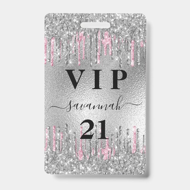 Badge Invitation vip rose avec gouttes de paillettes arg (Avant)