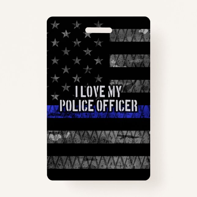 Badge J'Aime Mon Policier Mince Ligne Bleue Distresse (Devant)