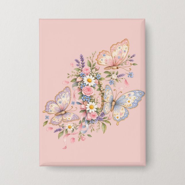 Badge Jardin d'anniversaire papillon pastel (Recto)