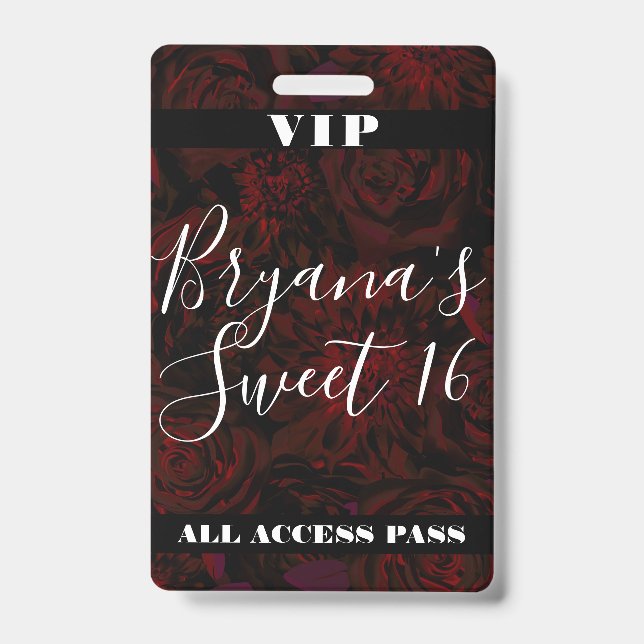 Badge Jardin foncé Rouge Fleurs romantiques Sweet 16 VIP (Front)
