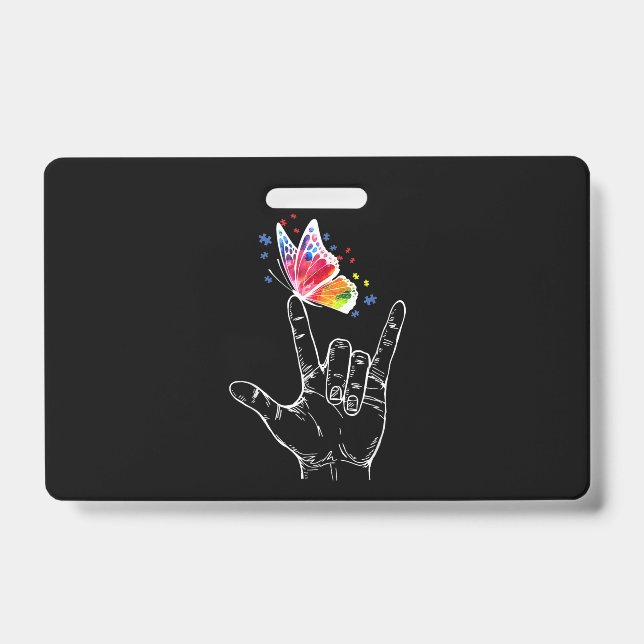 Badge Je t'aime Langue des Signes Papillon Autisme (Avant)