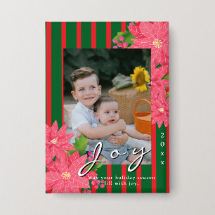 Badge Joie Noël Poinsettia Photo Rouge Vert