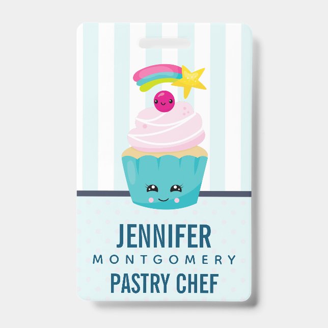 Badge Joli gâteau bleu avec visage Kawaii (Avant)