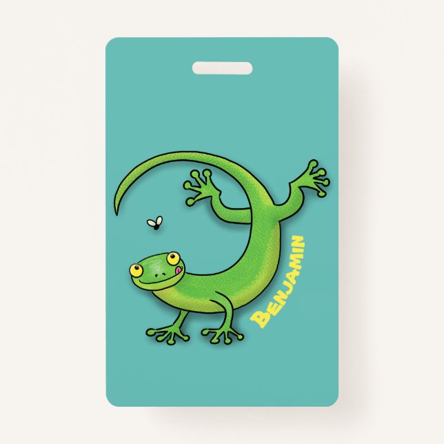 Badge Joli gecko vert salutations avec dessin animé (Devant)