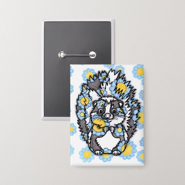 Badge Joli mouffette avec un rectangle de fleurs bleues  (Recto/Verso)