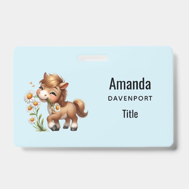 Badge Joli poney mangeant des marguerites (Avant)