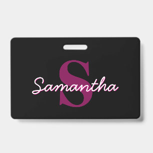 Badge Joli script de monogramme personnalisable rose et