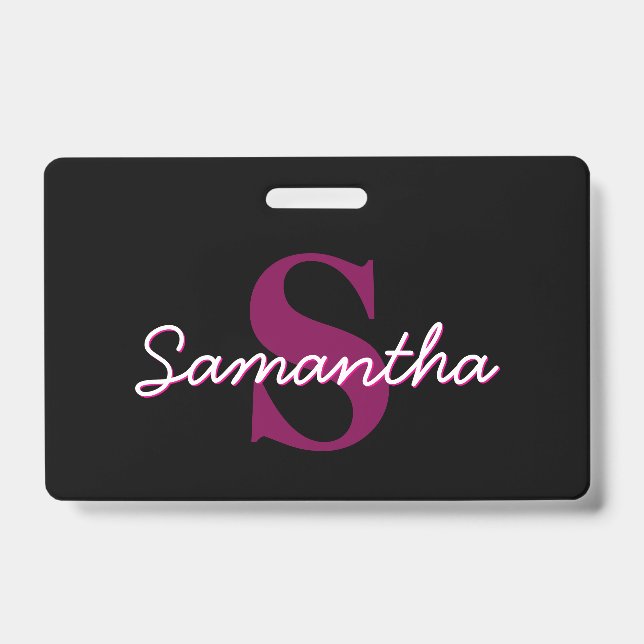 Badge Joli script de monogramme personnalisable rose et  (Avant)