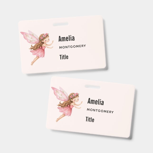 Badge Jolie Fille Fée dans une Robe Rose Fantaisiste (Avant & arrière)