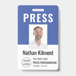 Badge Journaliste Passe Photo Nom Logo ID Bleu