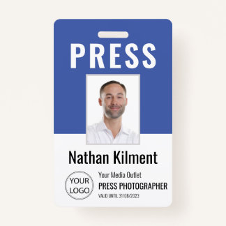 Badge Journaliste Passe Photo Nom Logo ID Bleu