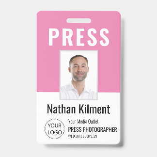 Badge Journaliste Passe Photo Nom Logo ID rose
