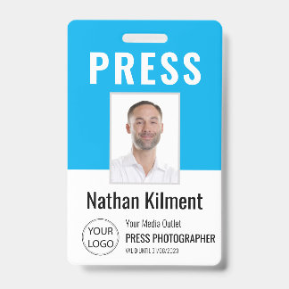 Badge Journaliste Passe Photo Nom Logo ID Sky Blue
