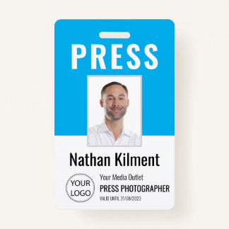 Badge Journaliste Passe Photo Nom Logo ID Sky Blue