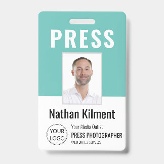 Badge Journaliste Passe Photo Nom Logo ID Turquoise