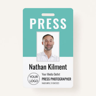 Badge Journaliste Passe Photo Nom Logo ID Turquoise