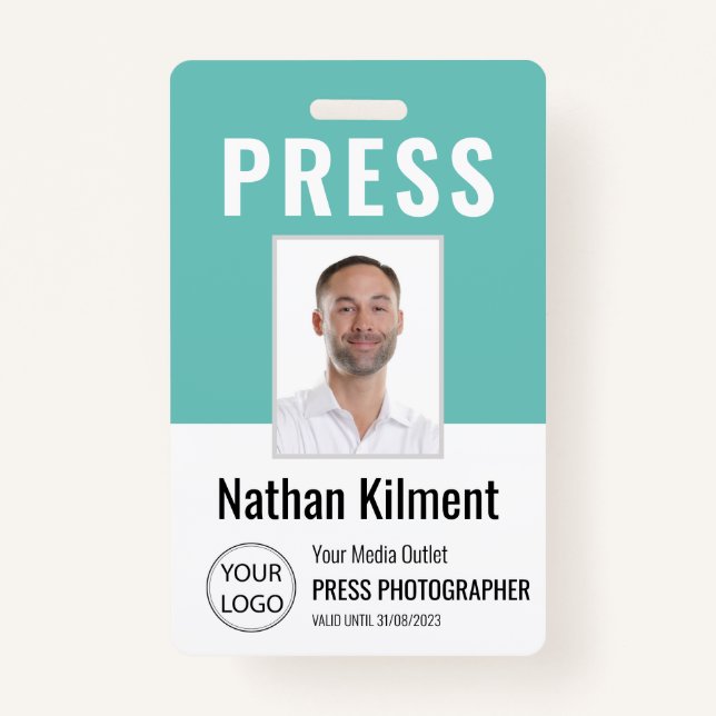 Badge Journaliste Passe Photo Nom Logo ID Turquoise (Devant)