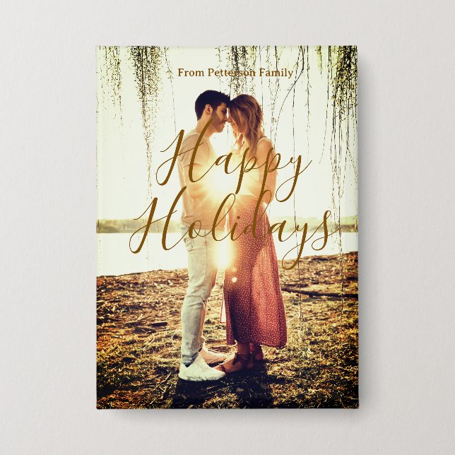 Badge Joyeuses vacances marron ajouter couple photo nom  (Recto)