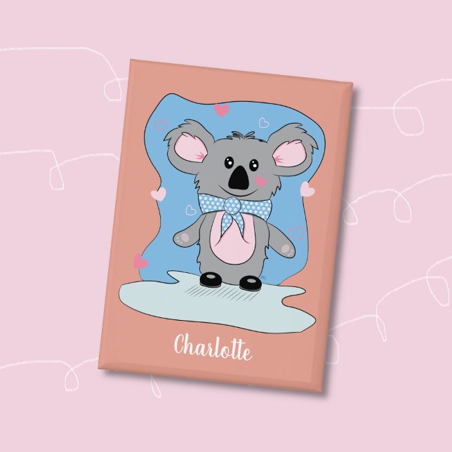 Badge Joyeux enfant koala Épinglette de la Saint-Valenti (Sweet koala and pink hearts kid Valentine's Day button with name . )