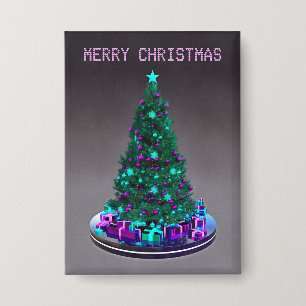 Badge Joyeux Noël. Arbre décoré avec des cadeaux